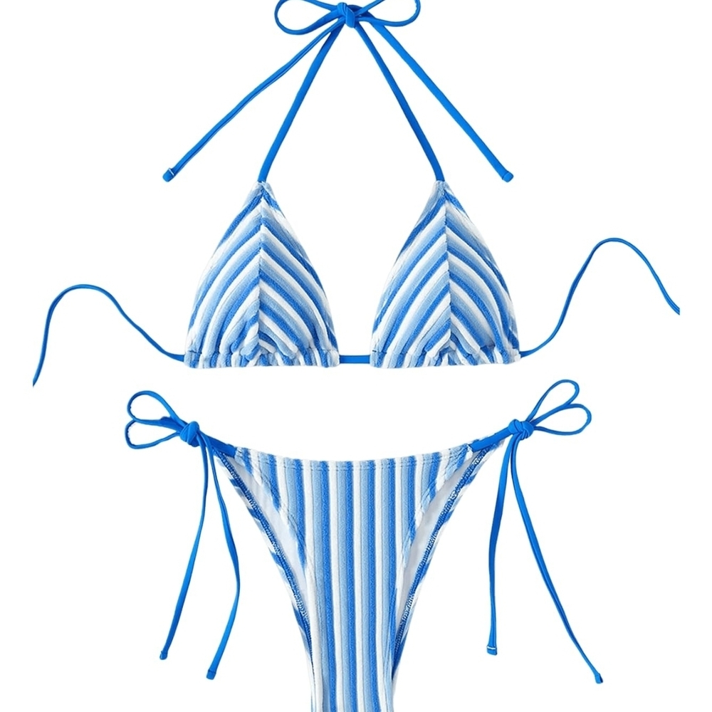RoseSeek Women’s Blue & White Striped 2 Piece Bikini Set (Size Small)